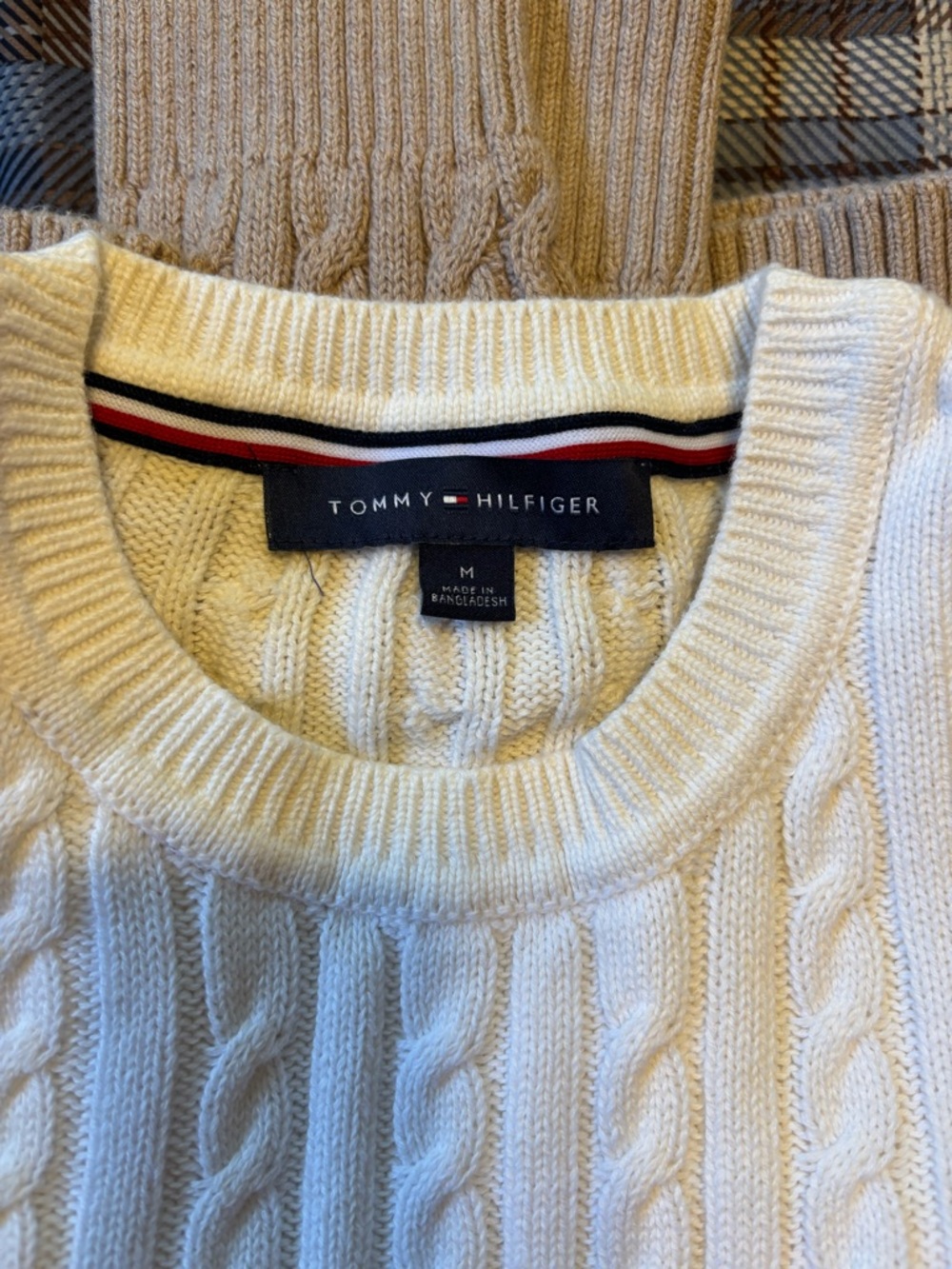 Tommy Hilfiger Cream Cable-Knit Crewneck Sweater